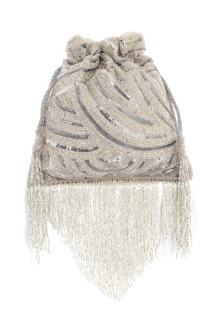 A Clutch Story_Silver Sequins, Crystals Abstract Embellished Potli _Online_at_Aza_Fashions