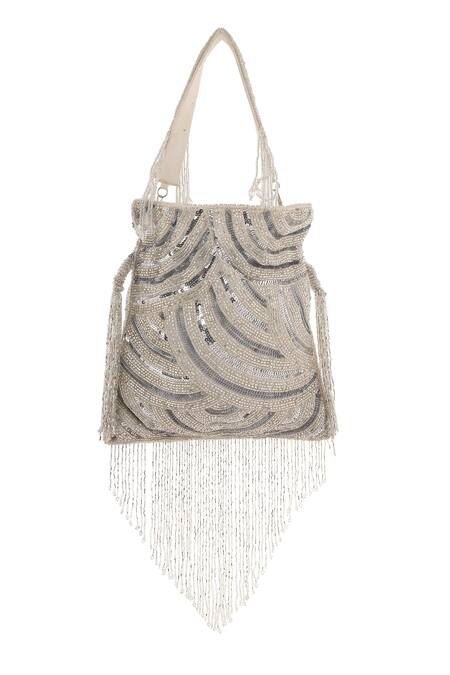 Buy_A Clutch Story_Silver Sequins, Crystals Abstract Embellished Potli _Online_at_Aza_Fashions