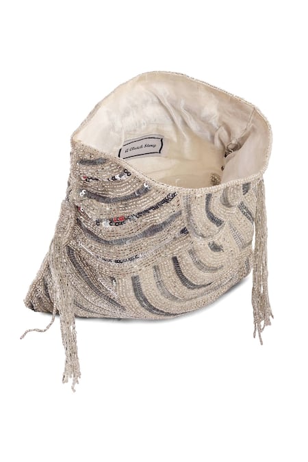Shop_A Clutch Story_Silver Sequins, Crystals Abstract Embellished Potli _Online_at_Aza_Fashions