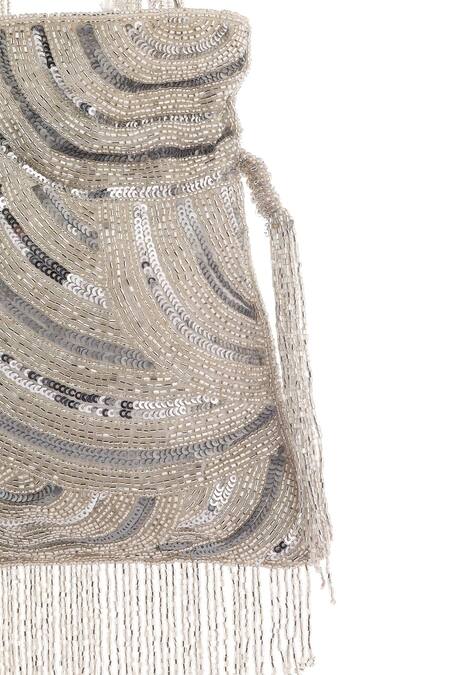 A Clutch Story_Silver Sequins, Crystals Abstract Embellished Potli _at_Aza_Fashions
