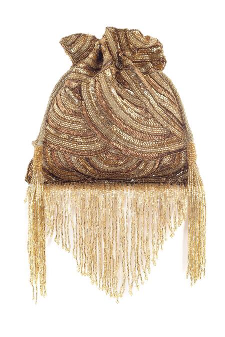 A Clutch Story_Gold Sequins, Crystals Glittering Tassel Potli _Online_at_Aza_Fashions