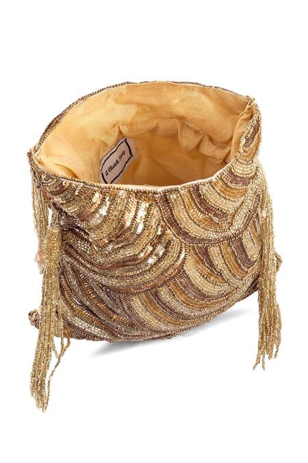 Shop_A Clutch Story_Gold Sequins, Crystals Glittering Tassel Potli _Online_at_Aza_Fashions
