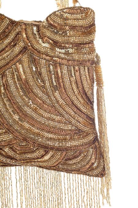 A Clutch Story_Gold Sequins, Crystals Glittering Tassel Potli _at_Aza_Fashions