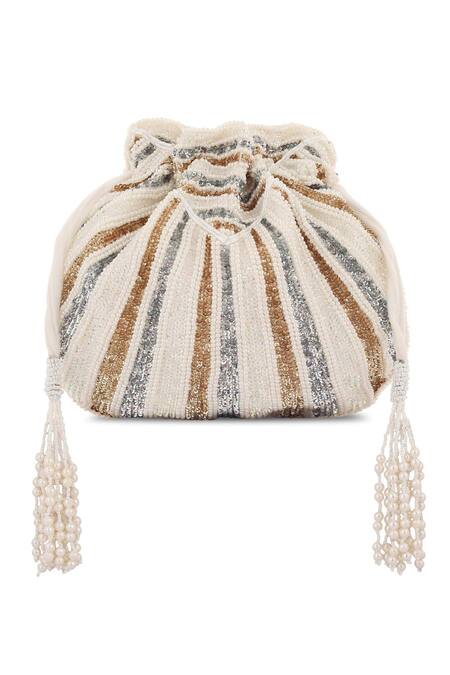 A Clutch Story_White Sequins, Crystals, Pearls Ice Metal Velvet Potli _Online_at_Aza_Fashions