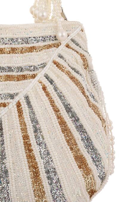A Clutch Story_White Sequins, Crystals, Pearls Ice Metal Velvet Potli _at_Aza_Fashions