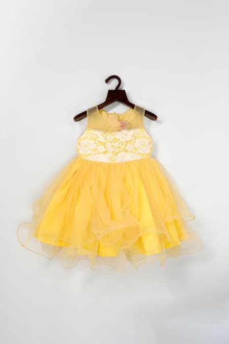 Pinkcow designs pvt ltd_Yellow Cotton, Lace Frilled Dress _Online_at_Aza_Fashions
