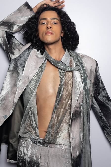 Nirmooha_Off White Crepe Landscape Print Blazer _Online_at_Aza_Fashions