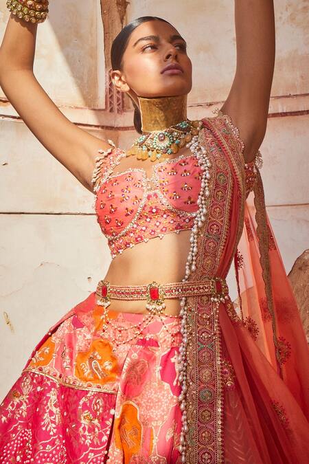 Buy_Aditi Gupta_Coral Banarasi Chanderi Woven And Embroidered Mughal Garden Bridal Lehenga Set_Online_at_Aza_Fashions