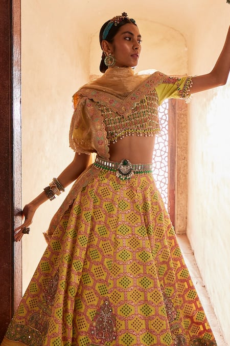Buy_Aditi Gupta_Yellow Brocade, Silk Pearls, Beads, Bandhani Banarasi Pattern Bridal Lehenga Set _Online_at_Aza_Fashions