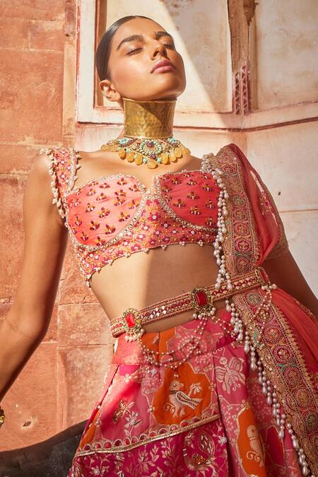 Aditi Gupta_Coral Banarasi Chanderi Woven And Embroidered Mughal Garden Bridal Lehenga Set_Online_at_Aza_Fashions