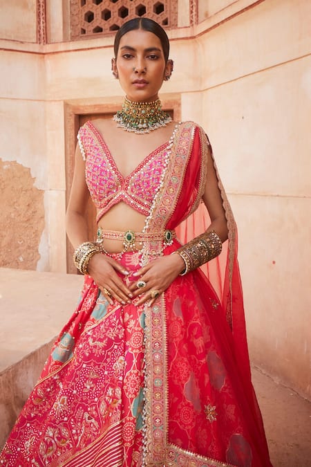 Aditi Gupta Pink Chanderi, Brocade Embroidery, Meenakari Work Banarasi Bridal Lehenga Set Online at Aza Fashions Aditi Gupta_Pink Chanderi, Brocade Embroidery, Meenakari Work Banarasi Bridal Lehenga Set _Online_at_Aza_Fashions