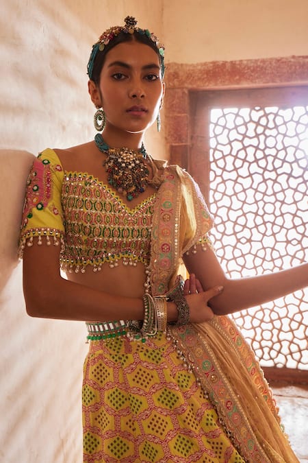 Aditi Gupta_Yellow Brocade, Silk Pearls, Beads, Bandhani Banarasi Pattern Bridal Lehenga Set _Online_at_Aza_Fashions