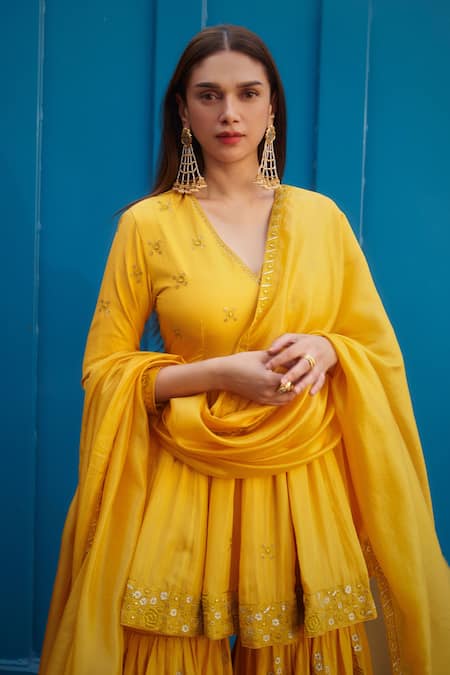 PUNIT BALANA Yellow Silk Embroidered Resham And Leather V Neck Kedia Top Gharara Set
