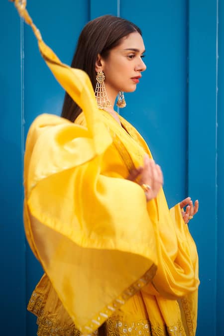 Buy Punit Balana Yellow Silk, Organza Embroidery, Tassels V-neck Resham Kedia Gharara Set Online at Aza Fashions Buy_Punit Balana_Yellow Silk, Organza Embroidery, Tassels V-neck Resham Kedia Gharara Set _Online_at_Aza_Fashions