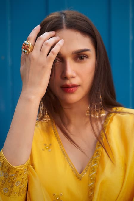 Punit Balana Yellow Silk, Organza Embroidery, Tassels V-neck Resham Kedia Gharara Set at Aza Fashions Punit Balana_Yellow Silk, Organza Embroidery, Tassels V-neck Resham Kedia Gharara Set _at_Aza_Fashions