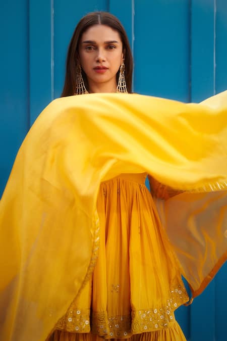 Buy Punit Balana Yellow Silk, Organza Embroidery, Tassels V-neck Resham Kedia Gharara Set Buy_Punit Balana_Yellow Silk, Organza Embroidery, Tassels V-neck Resham Kedia Gharara Set