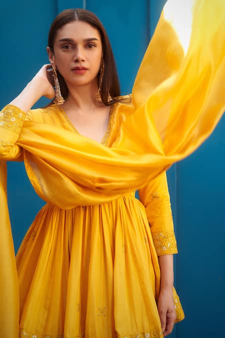 Shop Punit Balana Yellow Silk, Organza Embroidery, Tassels V-neck Resham Kedia Gharara Set Shop_Punit Balana_Yellow Silk, Organza Embroidery, Tassels V-neck Resham Kedia Gharara Set