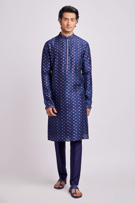 Buy_Bubber Couture_Blue Flat Raw Silk Printed Liberty Adrik Kurta Set _Online_at_Aza_Fashions