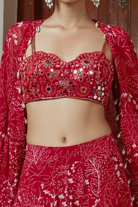Shop_Arpita Mehta_Red Georgette Embroidery, Mirrors Sweetheart Neck Flower Blouse And Sharara Set_Online_at_Aza_Fashions