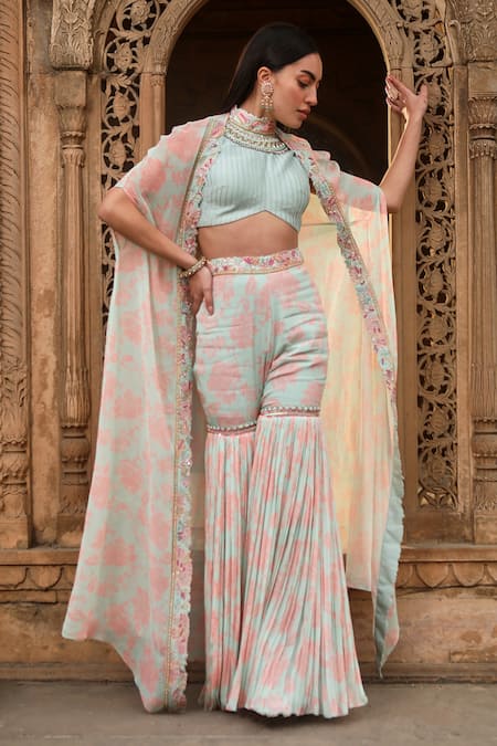 Dheeru Taneja_Green Chanderi, Georgette Pearls, Sequins Aafreen Printed Cape And Sharara Set _Online_at_Aza_Fashions