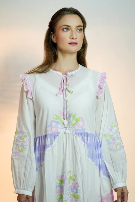 Jyoti Bansal_White Cotton Embroidery, Applique Round Neck Chequered Panel Midi Dress _Online_at_Aza_Fashions