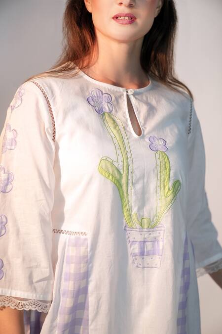 Jyoti Bansal_White Cotton Keyhole Neck Well Spring Cactus Applique Tunic Dress _Online_at_Aza_Fashions