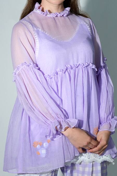 Jyoti Bansal Purple Kota Doria Embroidery, Lace Racerback Ruffle Trim Short Kurta Online at Aza Fashions Jyoti Bansal_Purple Kota Doria Embroidery, Lace Racerback Ruffle Trim Short Kurta _Online_at_Aza_Fashions