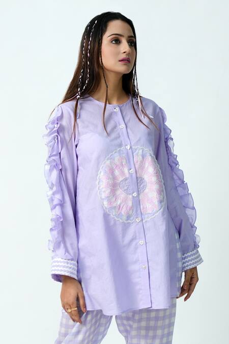 Jyoti Bansal_Purple Cotton Embroidery Round Neck Ruffle Sleeve Shirt With Chequered Pant _Online_at_Aza_Fashions