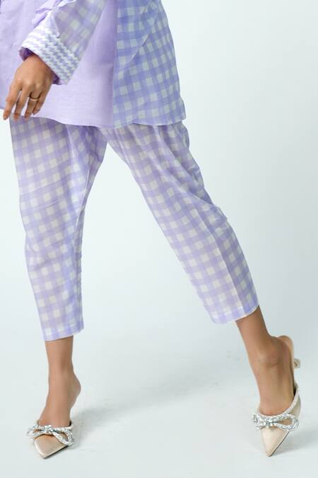 Buy Jyoti Bansal Purple Cotton Embroidery Round Neck Ruffle Sleeve Shirt With Chequered Pant Online at Aza Fashions Buy_Jyoti Bansal_Purple Cotton Embroidery Round Neck Ruffle Sleeve Shirt With Chequered Pant _Online_at_Aza_Fashions