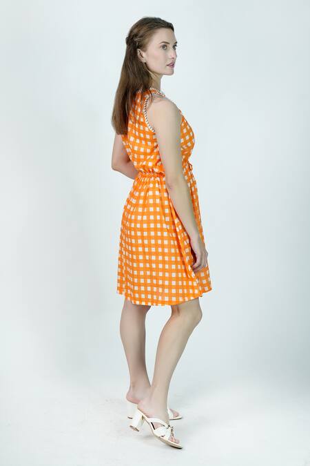 Buy_Jyoti Bansal_Orange Cotton Embroidery Round Neck Voyger Chequered Pattern Dress _Online_at_Aza_Fashions