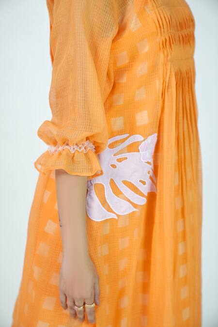 Jyoti Bansal Orange Kota Doriya Woven Applique Round Corals And Palms Pleated Bodice Tunic  3