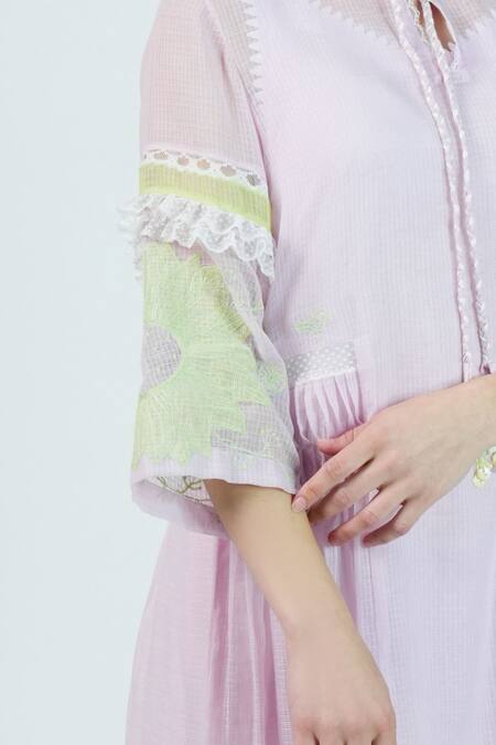 Jyoti Bansal_Pink Kota Doria Lace Keyhole Neck Sweet Rose Lined Tunic _Online_at_Aza_Fashions