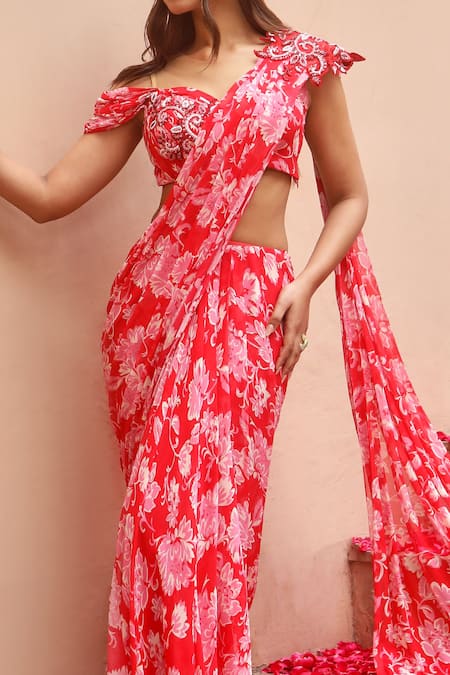 Dheeru Taneja_Red Georgette, Net Cut Ahita Printed Pre-draped Saree With Off Shoulder Blouse _Online_at_Aza_Fashions