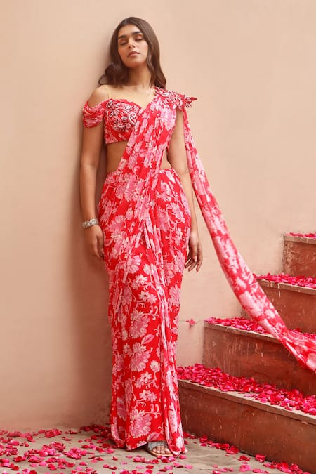 Buy_Dheeru Taneja_Red Georgette, Net Cut Ahita Printed Pre-draped Saree With Off Shoulder Blouse _Online_at_Aza_Fashions