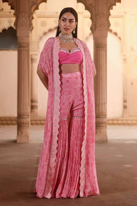 Buy Dheeru Taneja Pink Crepe Beads, Sequins Aisha Printed Cape And Sharara Pant Set Online at Aza Fashions Buy_Dheeru Taneja_Pink Crepe Beads, Sequins Aisha Printed Cape And Sharara Pant Set _Online_at_Aza_Fashions