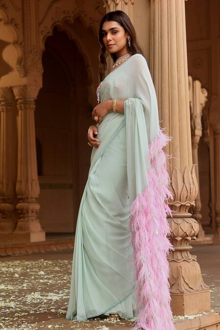 Dheeru Taneja_Green Georgette, Crepe Feathers, Pre-draped Saree With Embroidered Blouse _Online_at_Aza_Fashions