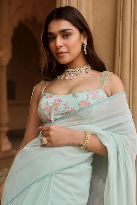 Buy_Dheeru Taneja_Green Georgette, Crepe Feathers, Pre-draped Saree With Embroidered Blouse _Online_at_Aza_Fashions