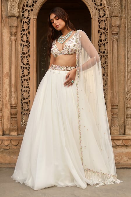 Buy_Dheeru Taneja_Ivory Crepe, Organza Beads, Embroidery, Zari V-neck Aiza Waistband Lehenga Set _Online_at_Aza_Fashions