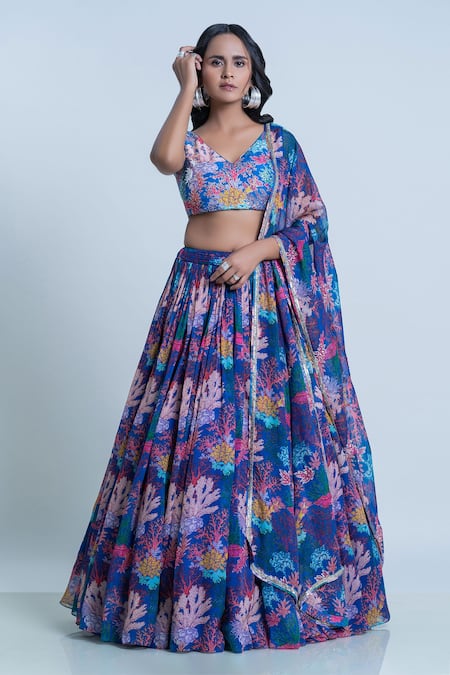 Nautanky Blue Blouse- Viscose Silk, Lehenga And Dupatta- Organza Coral V Neck Print Set Online at Aza Fashions Nautanky_Blue Blouse- Viscose Silk, Lehenga And Dupatta- Organza Coral V Neck Print Set _Online_at_Aza_Fashions