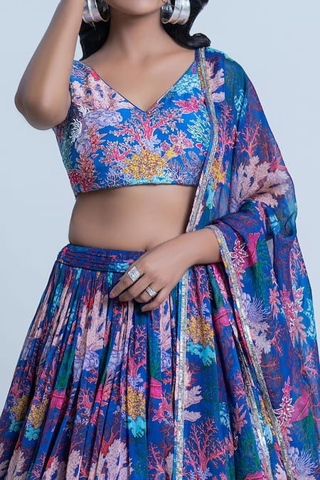 Buy Nautanky Blue Blouse- Viscose Silk, Lehenga And Dupatta- Organza Coral V Neck Print Set Online at Aza Fashions Buy_Nautanky_Blue Blouse- Viscose Silk, Lehenga And Dupatta- Organza Coral V Neck Print Set _Online_at_Aza_Fashions