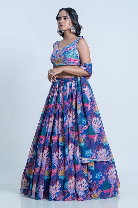 Shop Nautanky Blue Blouse- Viscose Silk, Lehenga And Dupatta- Organza Coral V Neck Print Set Online at Aza Fashions Shop_Nautanky_Blue Blouse- Viscose Silk, Lehenga And Dupatta- Organza Coral V Neck Print Set _Online_at_Aza_Fashions