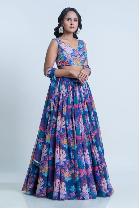Nautanky Blue Blouse- Viscose Silk, Lehenga And Dupatta- Organza Coral V Neck Print Set at Aza Fashions Nautanky_Blue Blouse- Viscose Silk, Lehenga And Dupatta- Organza Coral V Neck Print Set _at_Aza_Fashions