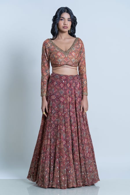 Nautanky Brown Blouse- Viscose Silk, Lehenga And Dupatta- Organza Print Bridal Set Online at Aza Fashions Nautanky_Brown Blouse- Viscose Silk, Lehenga And Dupatta- Organza Print Bridal Set _Online_at_Aza_Fashions