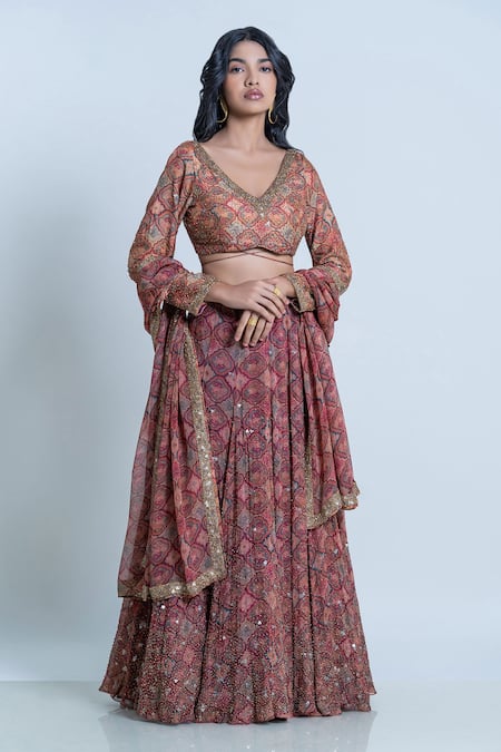 Buy Nautanky Brown Blouse- Viscose Silk, Lehenga And Dupatta- Organza Print Bridal Set Online at Aza Fashions Buy_Nautanky_Brown Blouse- Viscose Silk, Lehenga And Dupatta- Organza Print Bridal Set _Online_at_Aza_Fashions