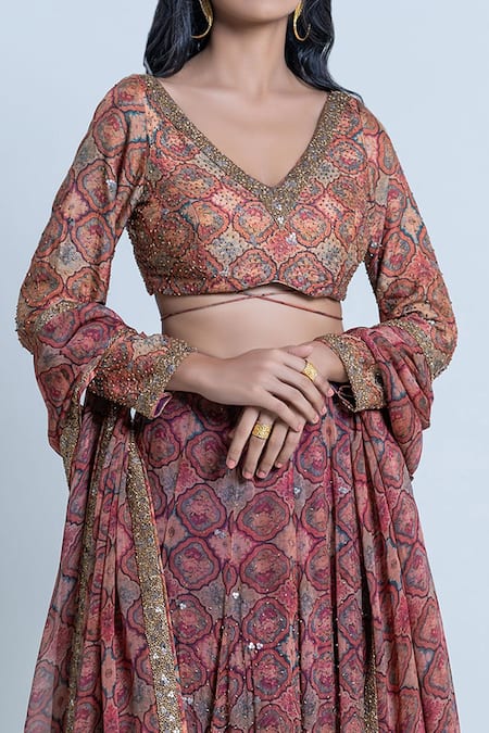 Shop Nautanky Brown Blouse- Viscose Silk, Lehenga And Dupatta- Organza Print Bridal Set Online at Aza Fashions Shop_Nautanky_Brown Blouse- Viscose Silk, Lehenga And Dupatta- Organza Print Bridal Set _Online_at_Aza_Fashions