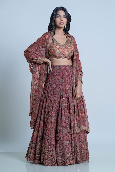 Nautanky Brown Blouse- Viscose Silk, Lehenga And Dupatta- Organza Print Bridal Set at Aza Fashions Nautanky_Brown Blouse- Viscose Silk, Lehenga And Dupatta- Organza Print Bridal Set _at_Aza_Fashions