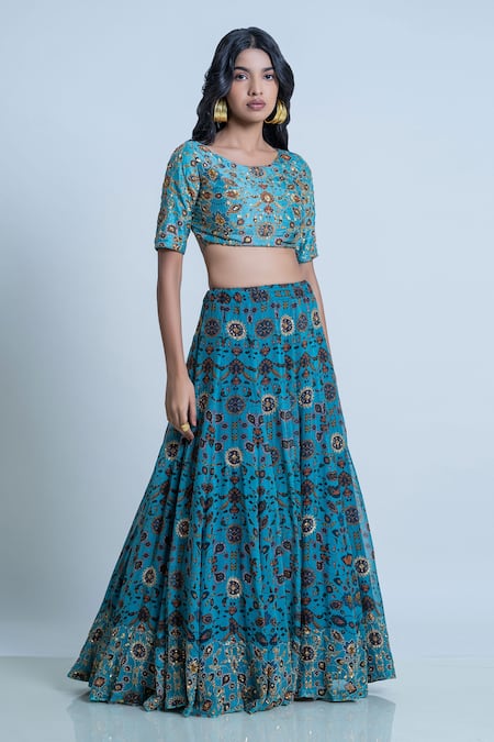 Nautanky Blue Blouse- Viscose Silk, Lehenga And Dupatta- Organza Iznik Print Bridal Set Online at Aza Fashions Nautanky_Blue Blouse- Viscose Silk, Lehenga And Dupatta- Organza Iznik Print Bridal Set _Online_at_Aza_Fashions