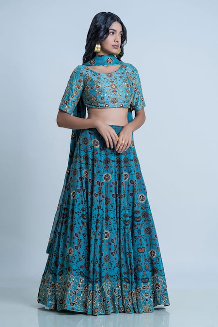 Buy Nautanky Blue Blouse- Viscose Silk, Lehenga And Dupatta- Organza Iznik Print Bridal Set Online at Aza Fashions Buy_Nautanky_Blue Blouse- Viscose Silk, Lehenga And Dupatta- Organza Iznik Print Bridal Set _Online_at_Aza_Fashions