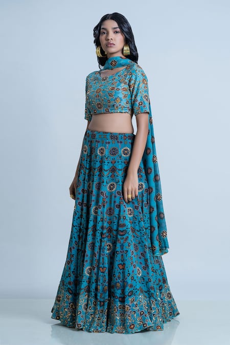Shop Nautanky Blue Blouse- Viscose Silk, Lehenga And Dupatta- Organza Iznik Print Bridal Set Online at Aza Fashions Shop_Nautanky_Blue Blouse- Viscose Silk, Lehenga And Dupatta- Organza Iznik Print Bridal Set _Online_at_Aza_Fashions