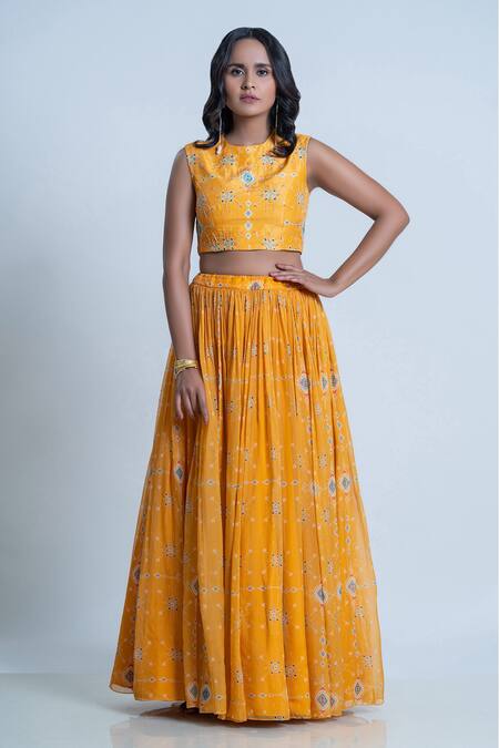 Nautanky Yellow Blouse- Viscose Silk, Lehenga And Dupatta- Organza Ikat Round Print Set Online at Aza Fashions Nautanky_Yellow Blouse- Viscose Silk, Lehenga And Dupatta- Organza Ikat Round Print Set _Online_at_Aza_Fashions